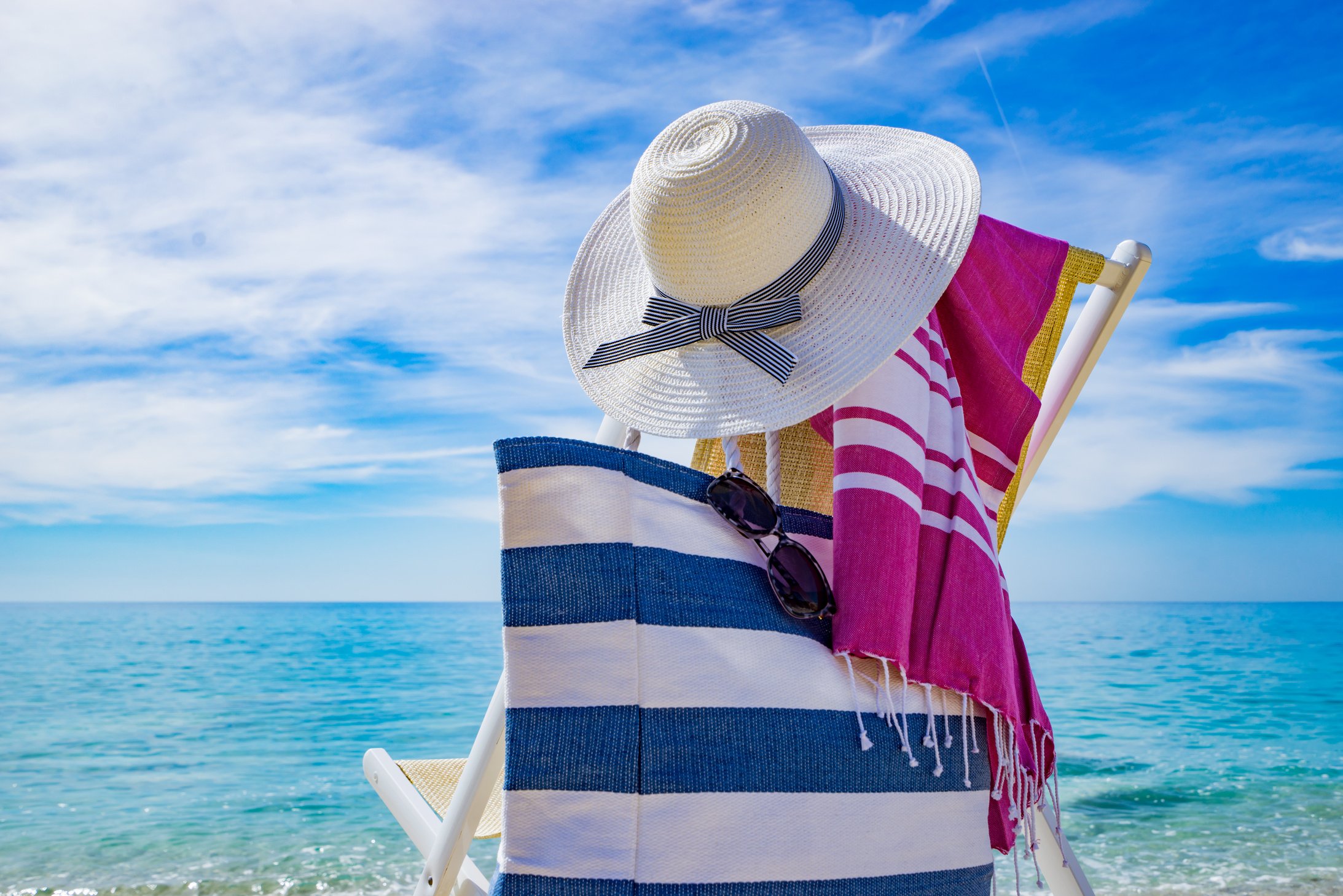 Beach with Deck Chair, Towel, Bag, Hat